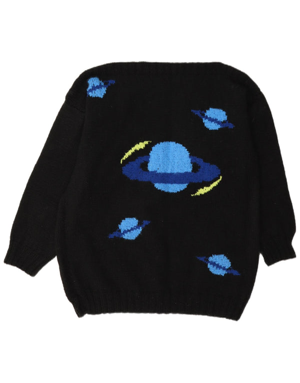 vintage Womens Boat Neck Jumper Sweater UK 14 Grand Noir Géométrique