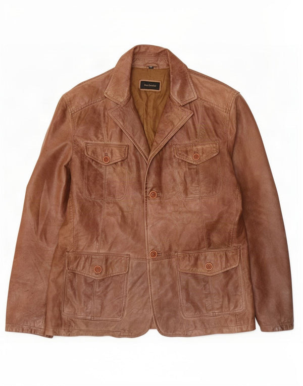 vintage Homme 2 Boutons Veste Blazer En Cuir UK 40 Grand Marron