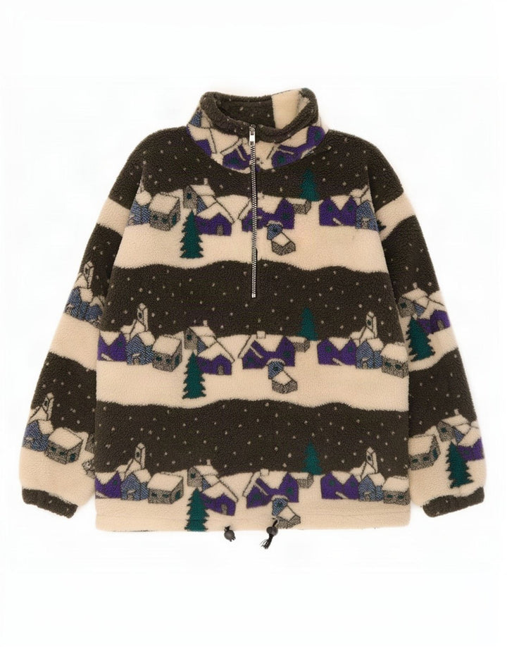 Pull polaire vintage à motif abstrait pour homme, col zippé, petit, multicolore