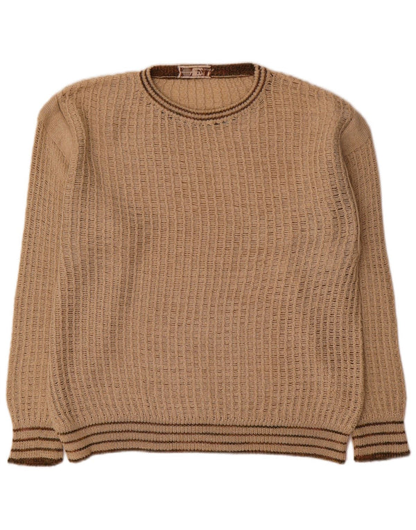 vintage Mens Boat Neck Jumper Pull Moyen Beige Rayé