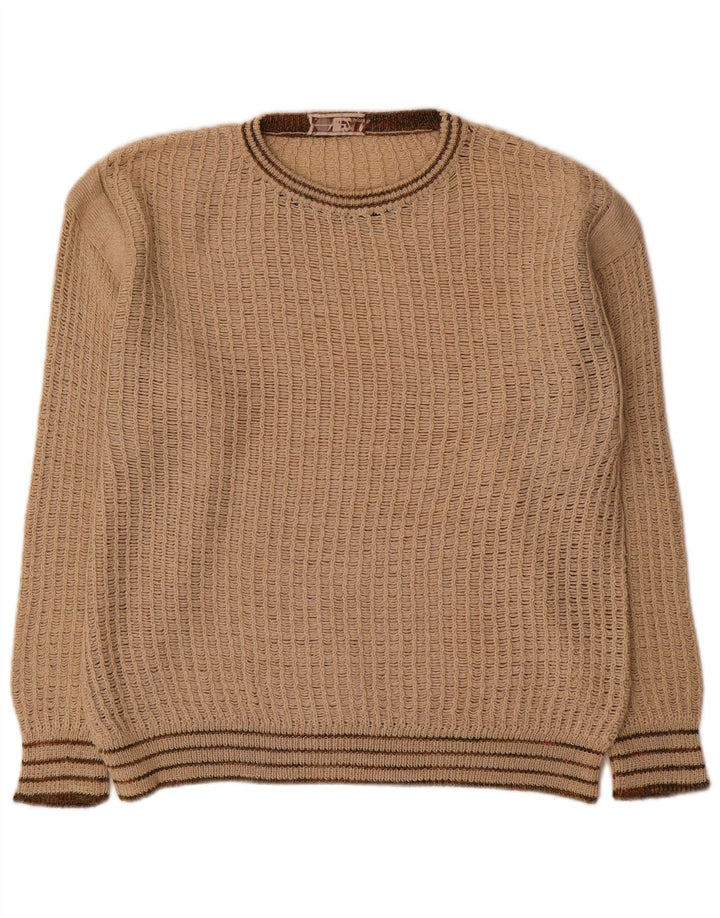 vintage Mens Boat Neck Jumper Pull Moyen Beige Rayé