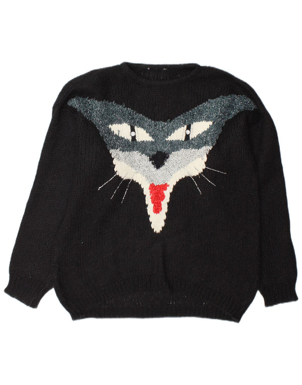 vintage Femmes Graphique Crew Neck Jumper Pull UK 18 XL Noir Mohair