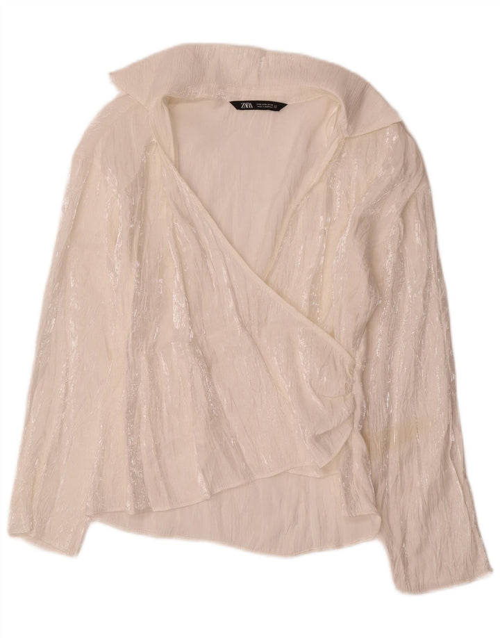Zara Chemisier à manches longues pour femme UK 12 Viscose blanc moyen
