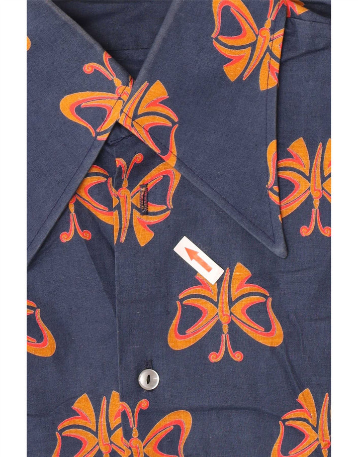 Chemise vintage à motif abstrait pour homme, grand papillon en coton bleu marine