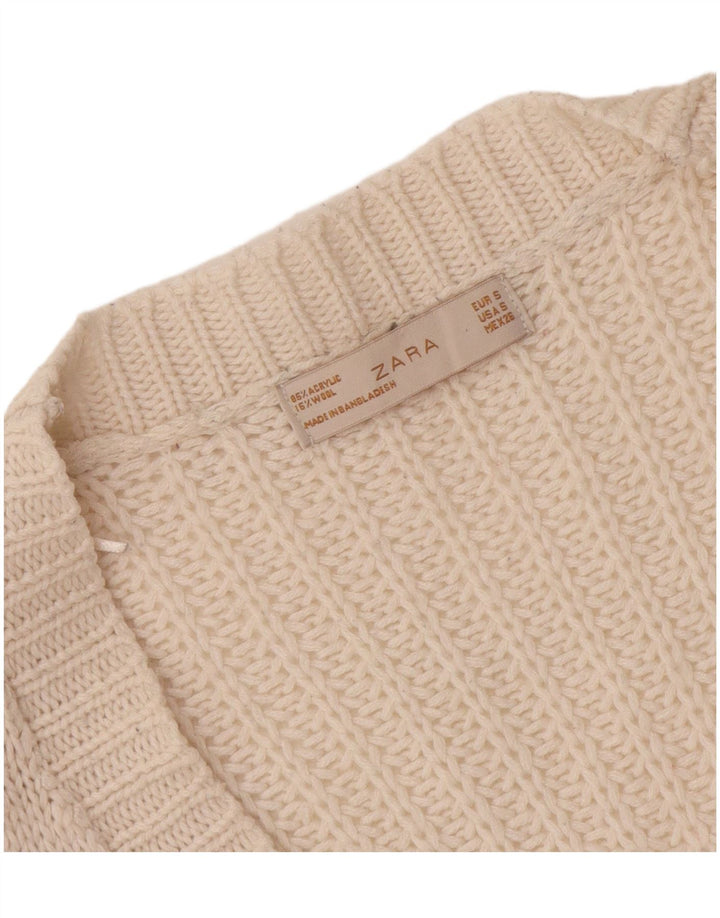 Zara Cardigan Femme Pull UK 10 Petit Acrylique Blanc