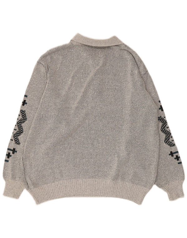 vintage Mens Polo Neck Jumper Pull UK 38/40 Gris Moyen Géométrique