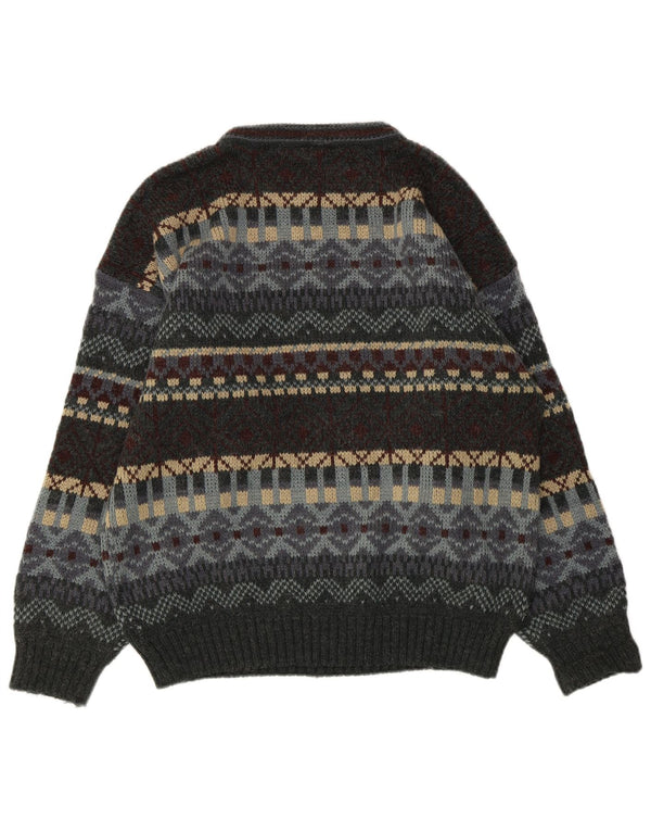 vintage Mens Crew Neck Jumper Pull UK 38/40 Gris Moyen Fair Isle
