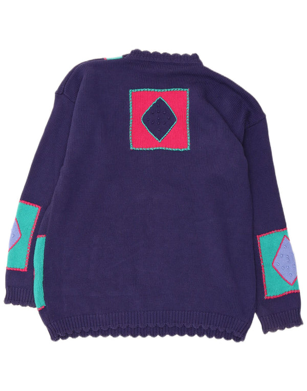 VINTAGE Femme Crew Neck Jumper Pull UK 14 Moyen Bleu Marine Patchwork
