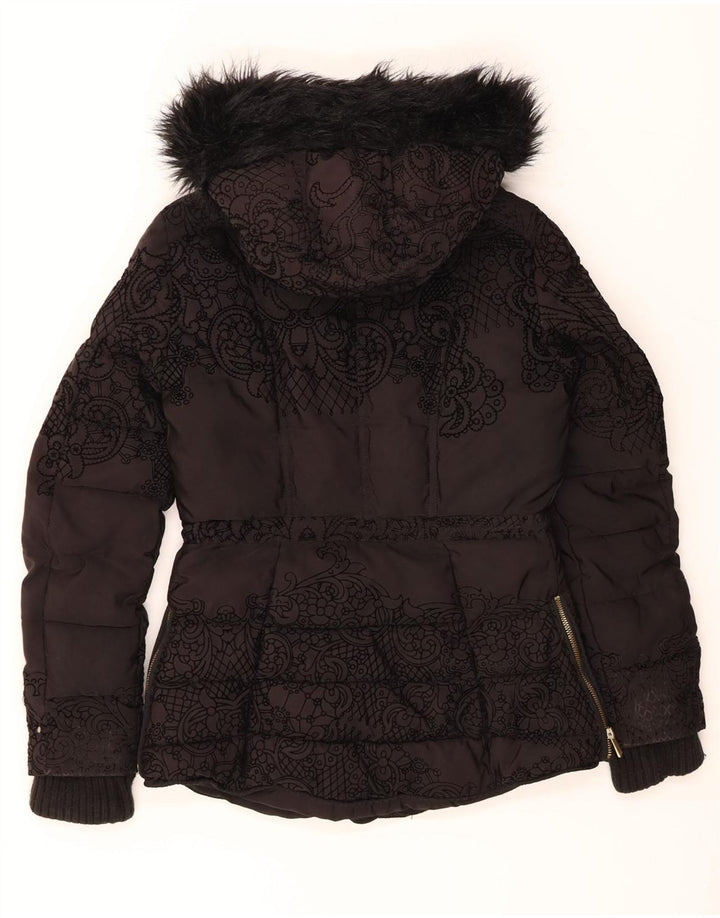 DESIGUAL Womens Hooded Padded Jacket EU 36 Small Black Paisley Polyester Vintage Desigual and Second-Hand Desigual from Messina Hembry 