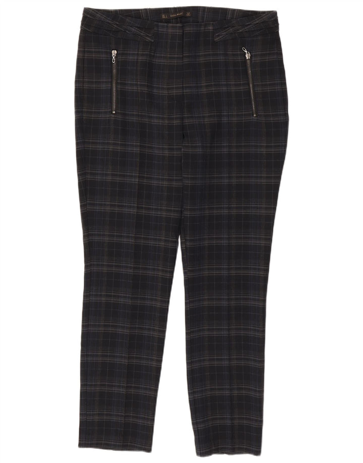 ZARA Womens Slim Casual Trousers Large W30 L28 Navy Blue Check Polyester