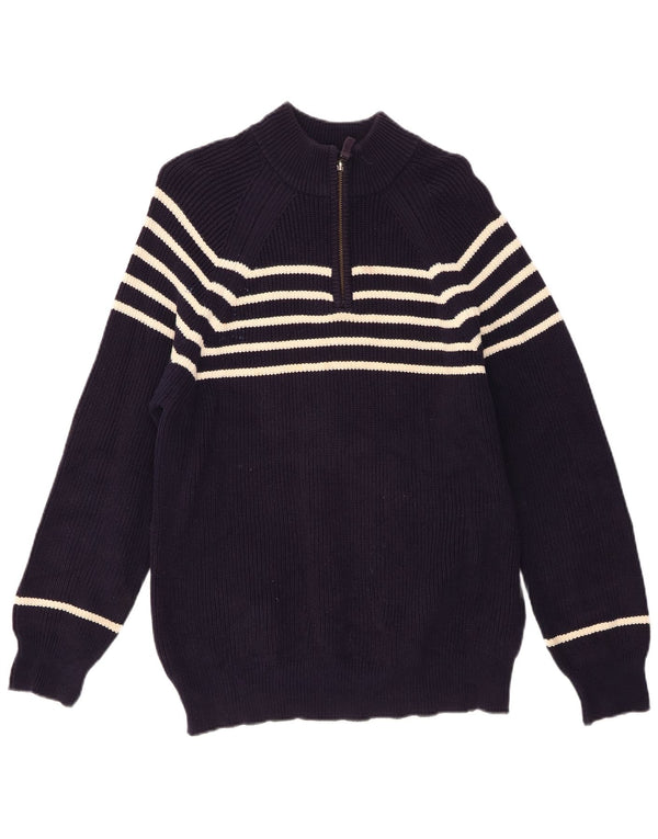 Pull Boden Homme Col Zippé Coton Rayé Bleu Marine Moyen