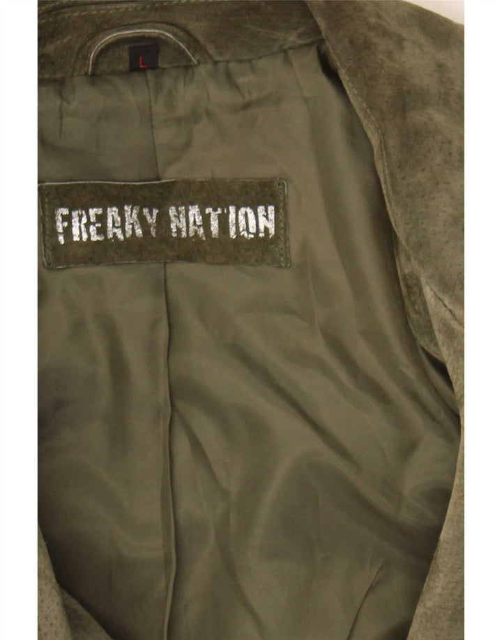 Freaky Nation Veste de motard en daim pour femme UK 14 Grand cuir kaki