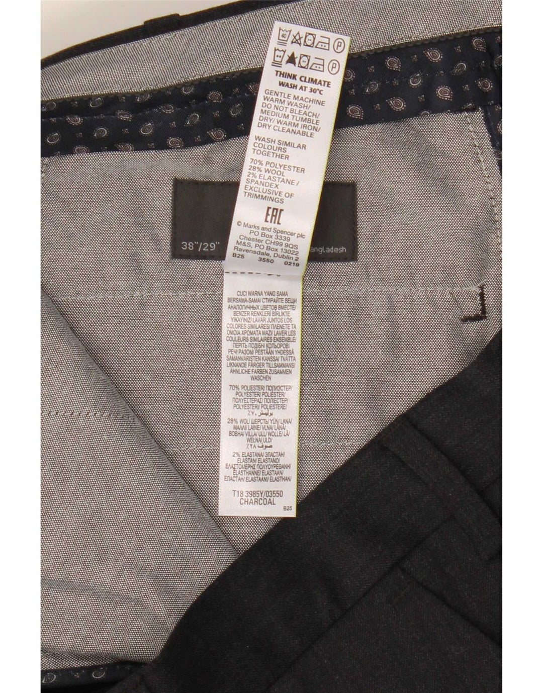Marks & Spencer Pantalon de costume classique pour homme W38 L29 Gris Polyester
