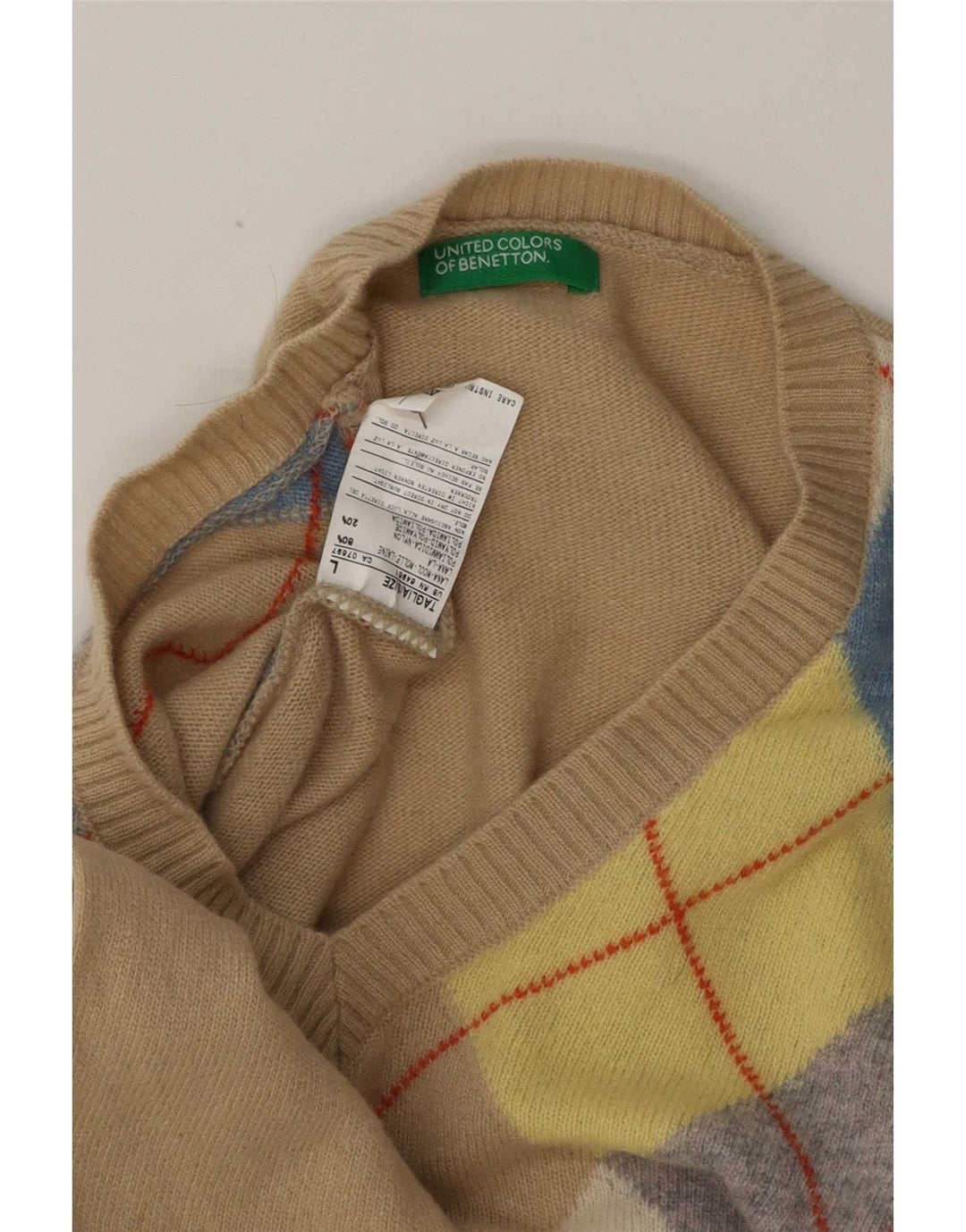 Benetton Pull col V pour homme en laine beige à losanges/diamants