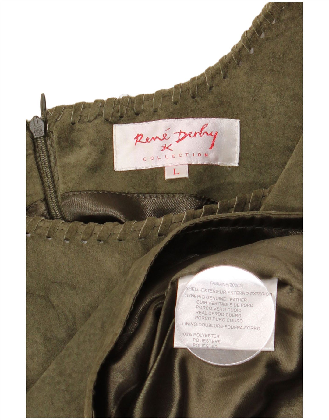 Rene Derhy Haut court sans manches en daim pour femme UK 14 Grand cuir kaki