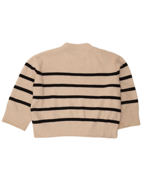 Zara Pull à manches 3/4 et col rond pour femme UK 18 XL Blanc cassé rayé