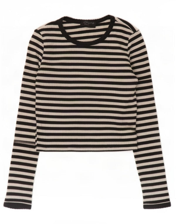 Zara Womens Crop Top Manches Longues UK 8 Petit Coton Rayé Noir