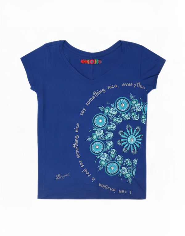 Desigual Womens Graphic T-Shirt Top UK 14 Medium Blue Floral Cotton