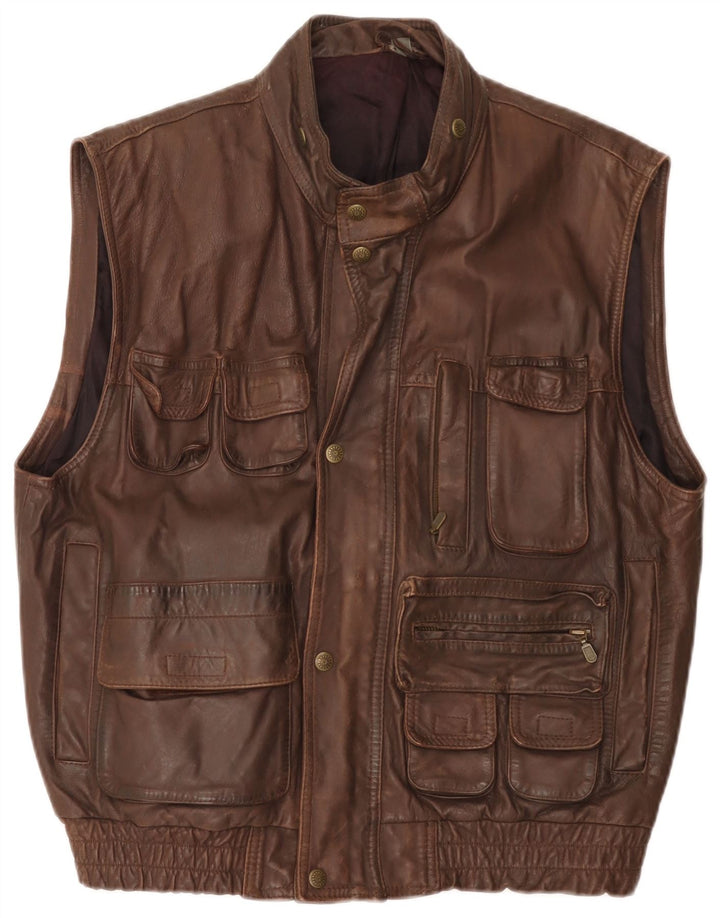 vintage Mens Leather Utility Gilet UK 40 Grand Marron