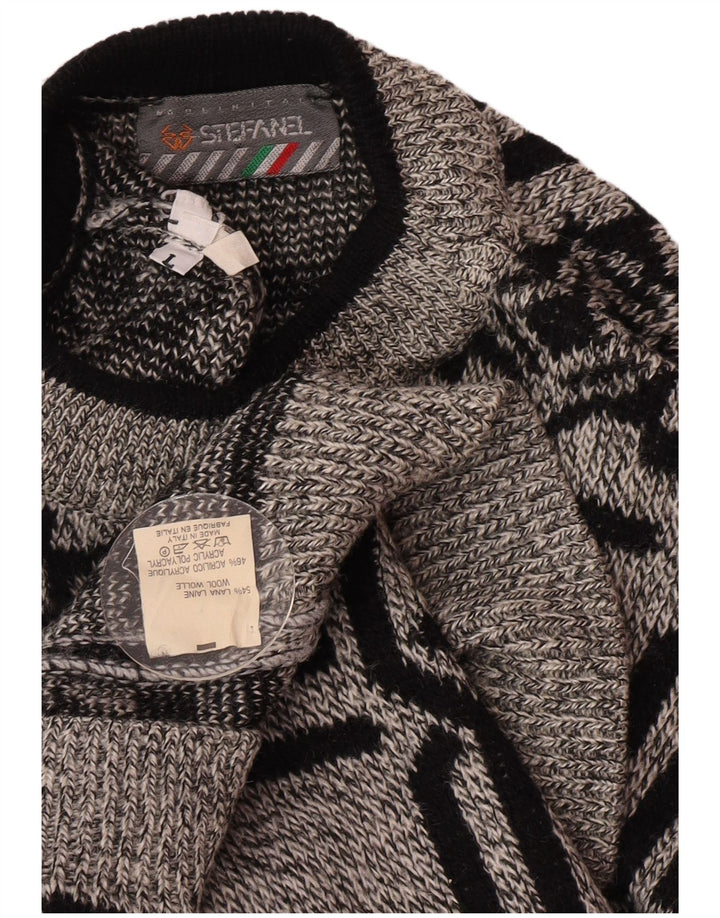Stefanel Pull à col rond pour homme en laine géométrique grise