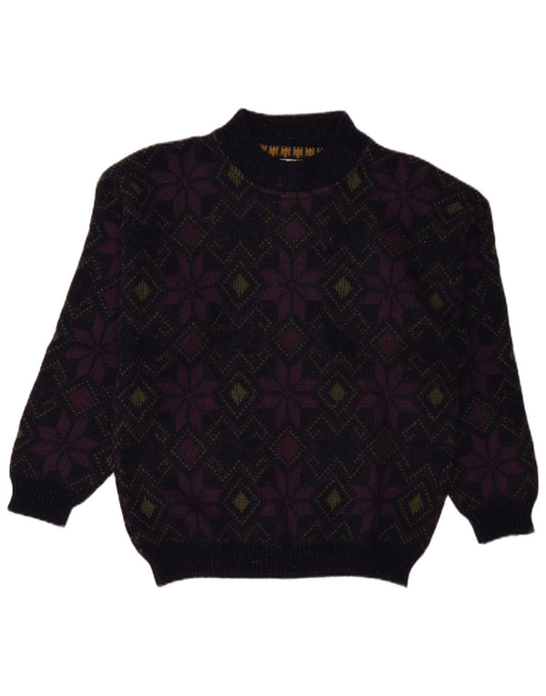 vintage Womens Turtle Neck Jumper Sweater UK 16 Grande laine florale violette