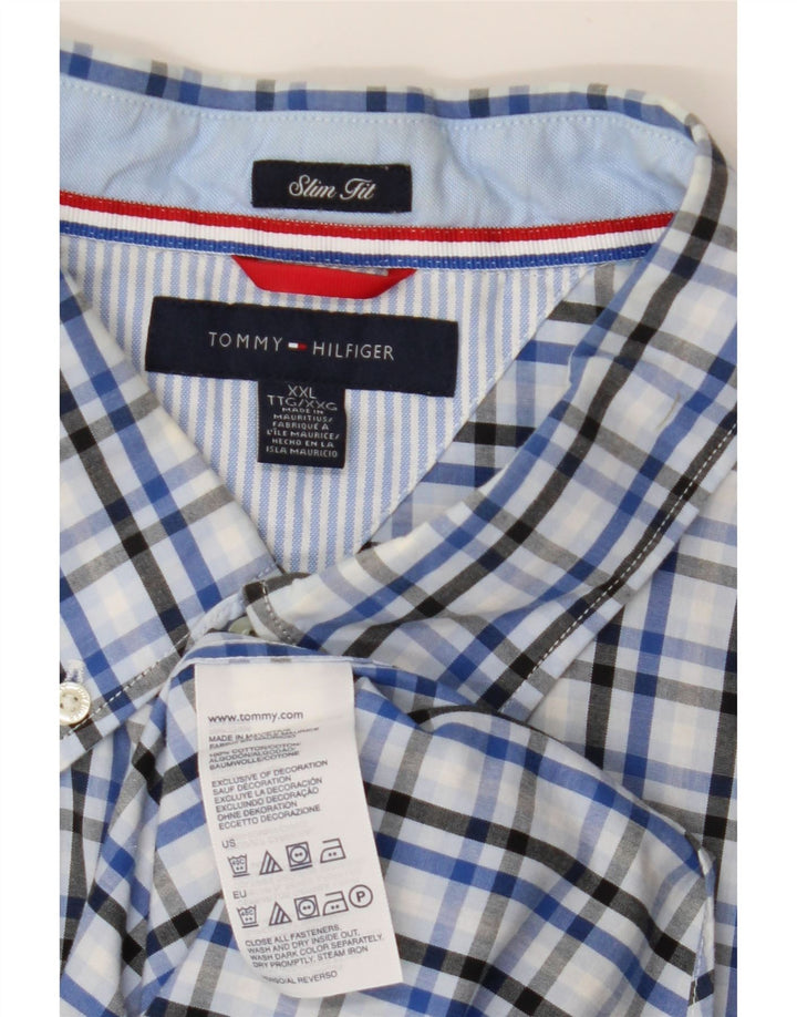 TOMMY HILFIGER Chemise Slim à Manches Courtes pour Hommes 2XL Coton à Carreaux Bleu