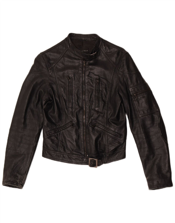vintage Womens Crop Leather Biker Jacket UK 10 Petit cuir noir