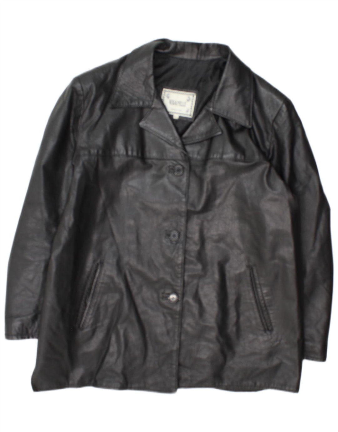 vintage Femmes 3 Boutons Veste Blazer En Cuir UK 18 XL Cuir Noir