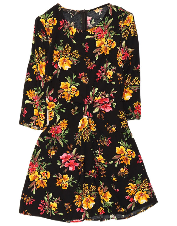 Zara Robe trapèze à manches 3/4 pour femme UK 4 XS Noir Floral Viscose