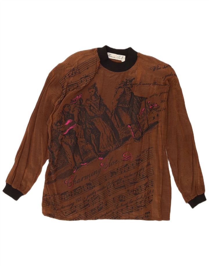 vintage Femme Graphique Top Manches Longues EU 42 Grande Viscose Brune