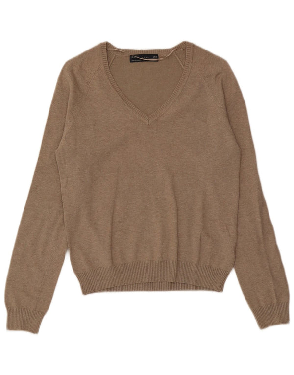 Zara Pull col en V pour femme UK 18 XL Coton marron