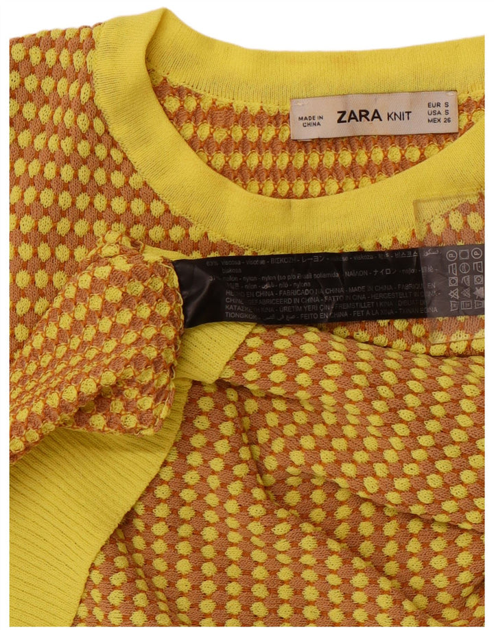 ZARA Pull court à col rond pour femme UK 8 Petit Jaune Géométrique