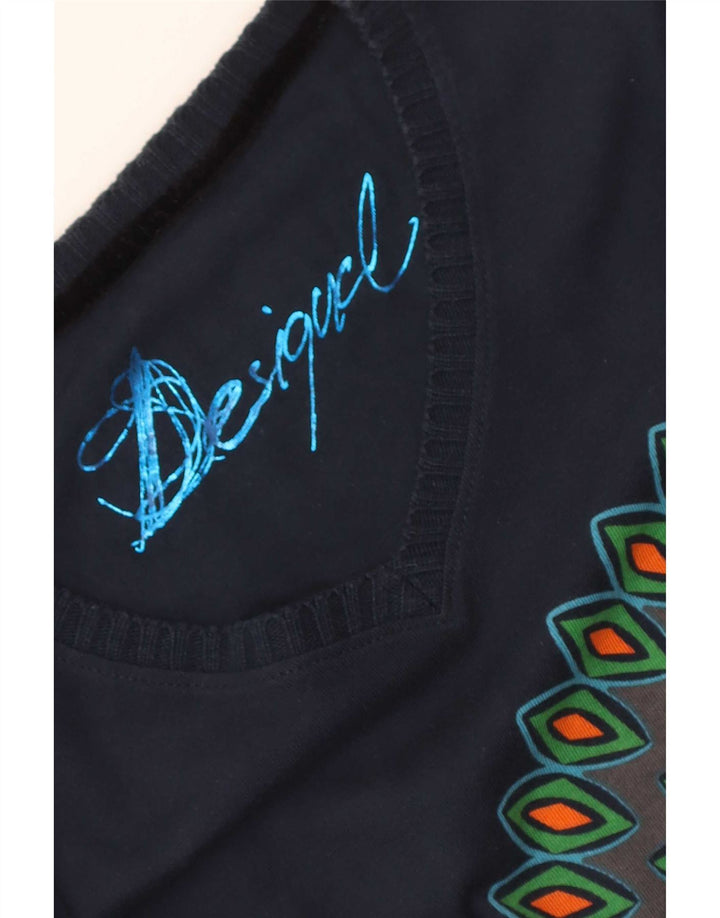 Desigual Femme Graphic Top Manches Longues UK 12 Moyen Bleu Marine Géométrique