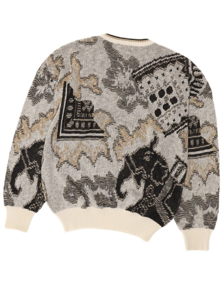 vintage Mens Crew Neck Jumper Pull Moyen Gris Géométrique Coton