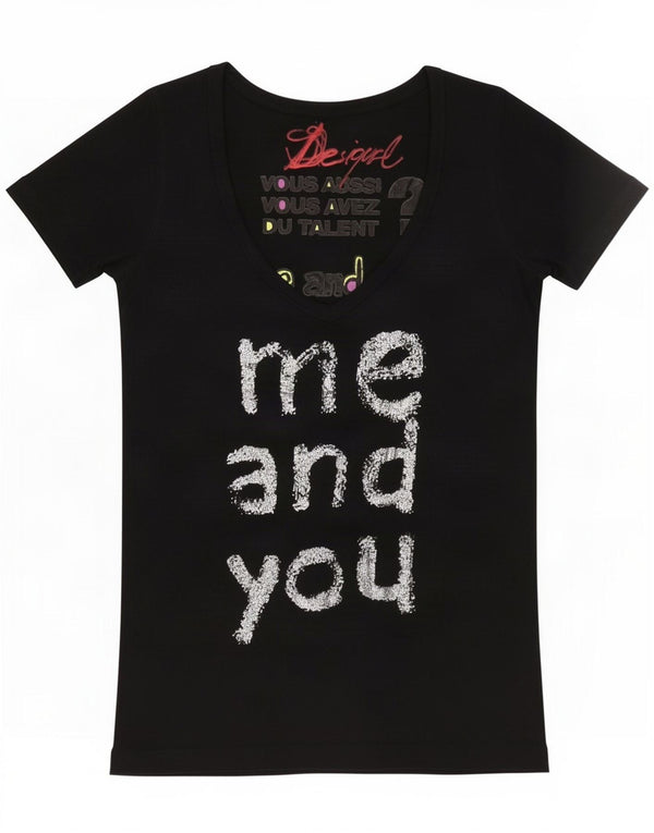 Desigual T-shirt graphique pour femme UK 14 Large Noir Viscose