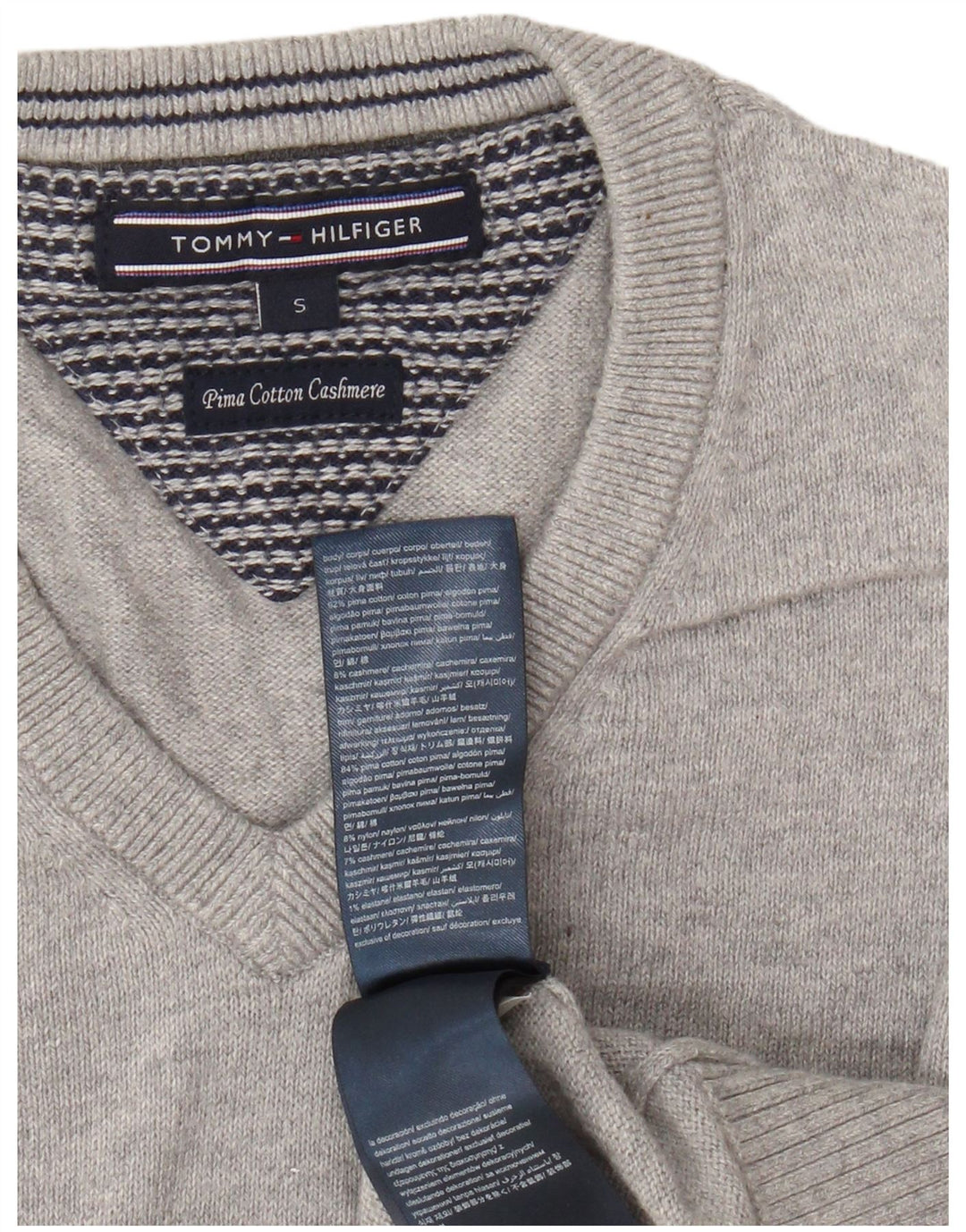 TOMMY HILFIGER Mens V-Neck Jumper Sweater Small Grey Cotton