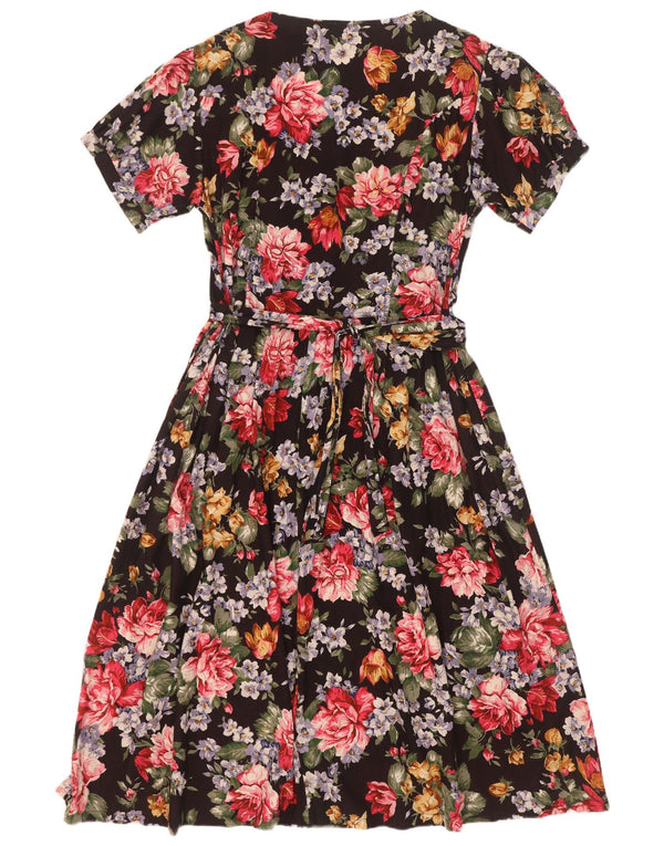 vintage Femme Robe A-Line UK 18 XL Noir Floral Viscose