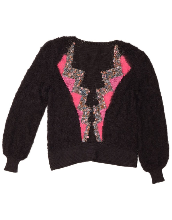 vintage Femme Cardigan Pull UK 14 Medium Black Colourblock