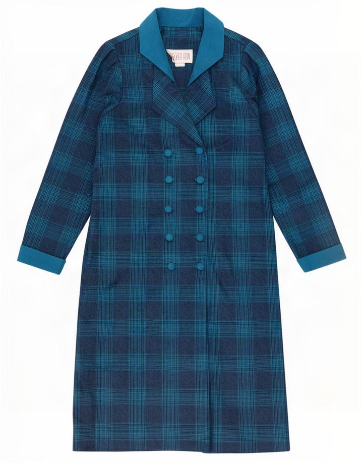 vintage Femmes Double Breasted Shift Robe UK 14 Moyen Bleu Check