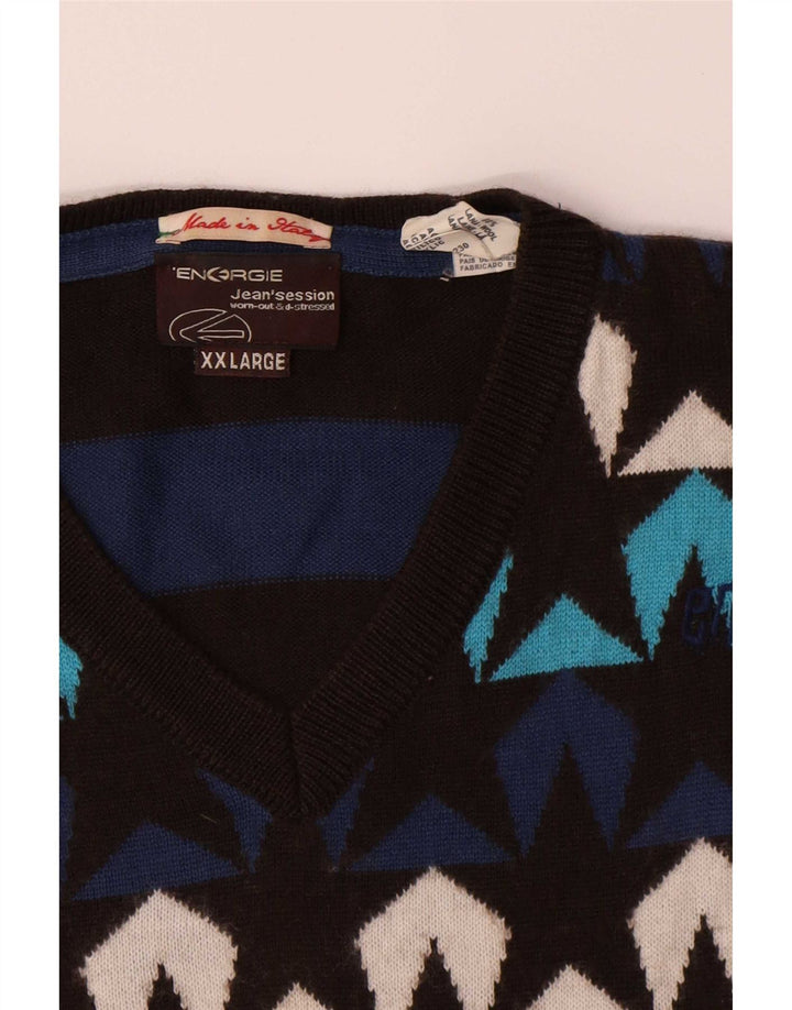 Energie Pull Homme Motif Abstrait Col V Pull 2XL Laine Multicolore