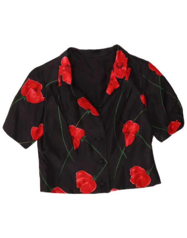 vintage Femmes Manches Courtes Crop Cardigan Top UK 12 Moyen Noir Floral