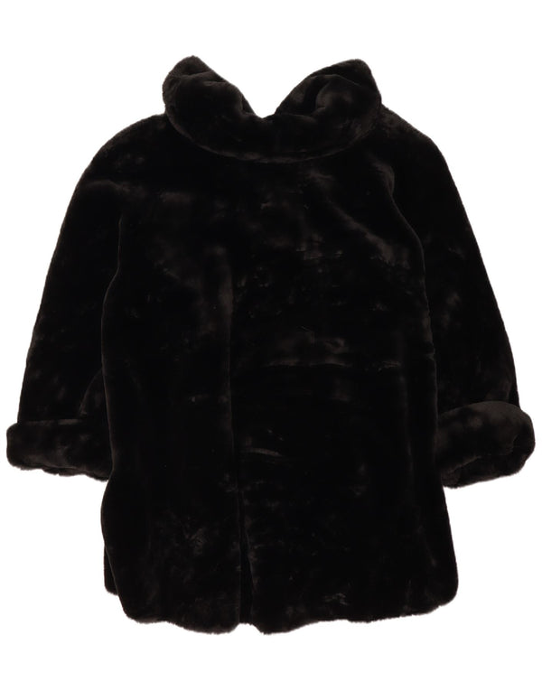vintage Femmes Surdimensionné Fausse Fourrure Pardessus UK 14 Moyen Noir