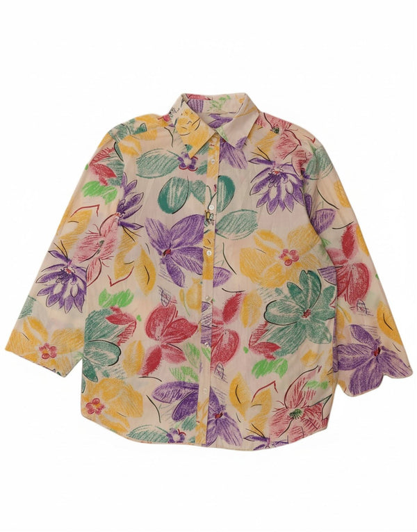 VINTAGE Robe chemise à manches courtes pour femmes UK 14 Grand floral multicolore