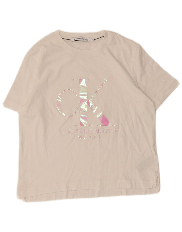 Calvin Klein Jeans T-shirt graphique pour femme UK 10 Petit coton blanc