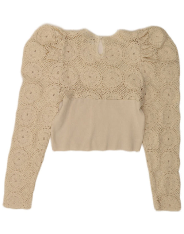 Zara Womens Crop Blouse Top UK 12 Medium Off White Floral Acrylique