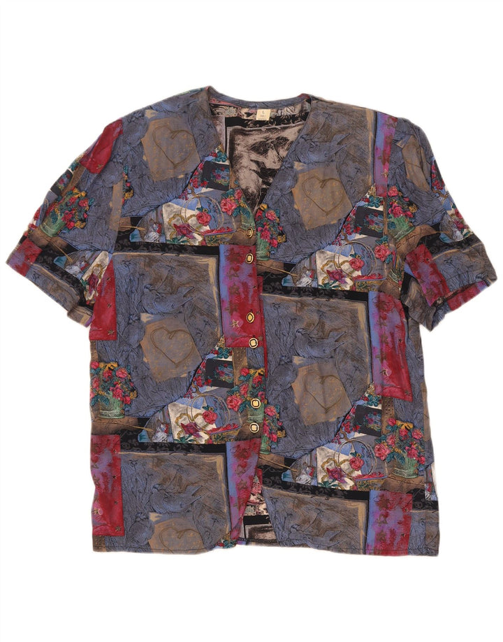 vintage Femme Chemise Blouse UK 16 Grand Patchwork Multicolore