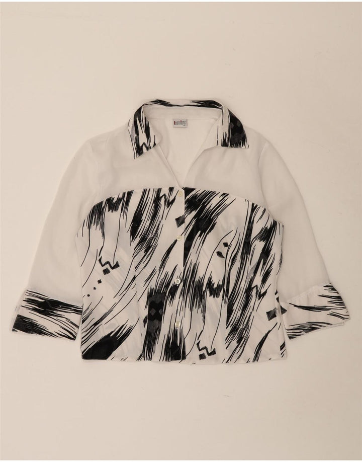 vintage Femme 3/4 Manches Chemise Blouse IT 42 Moyen Blanc Rayé Polyester