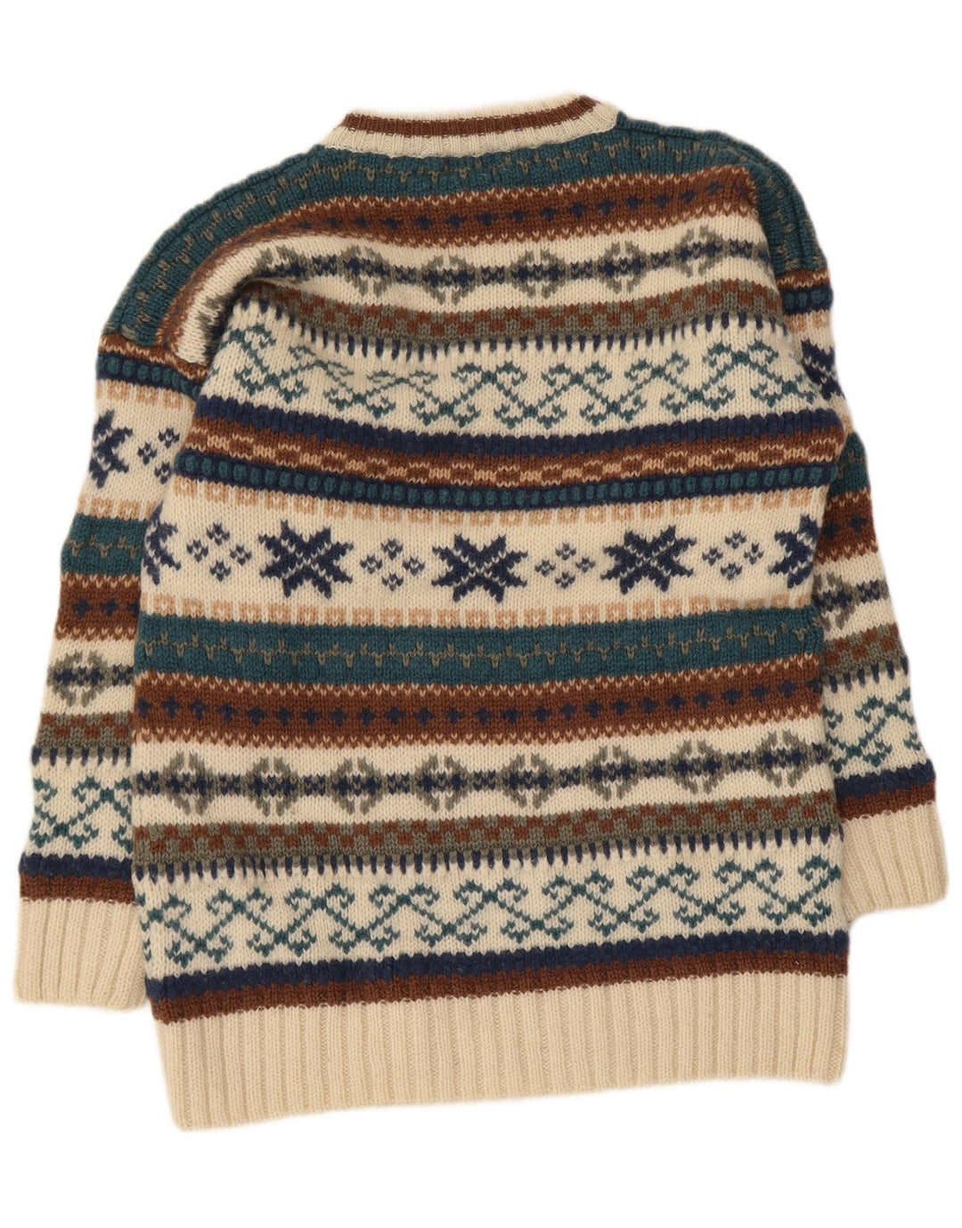 vintage Mens Crew Neck Jumper Pull Moyen Beige Fair Isle Laine