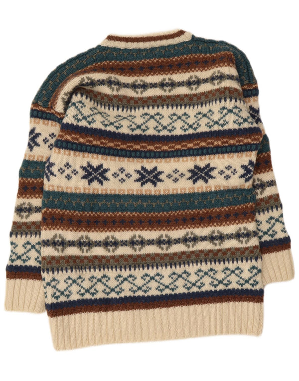 vintage Mens Crew Neck Jumper Pull Moyen Beige Fair Isle Laine