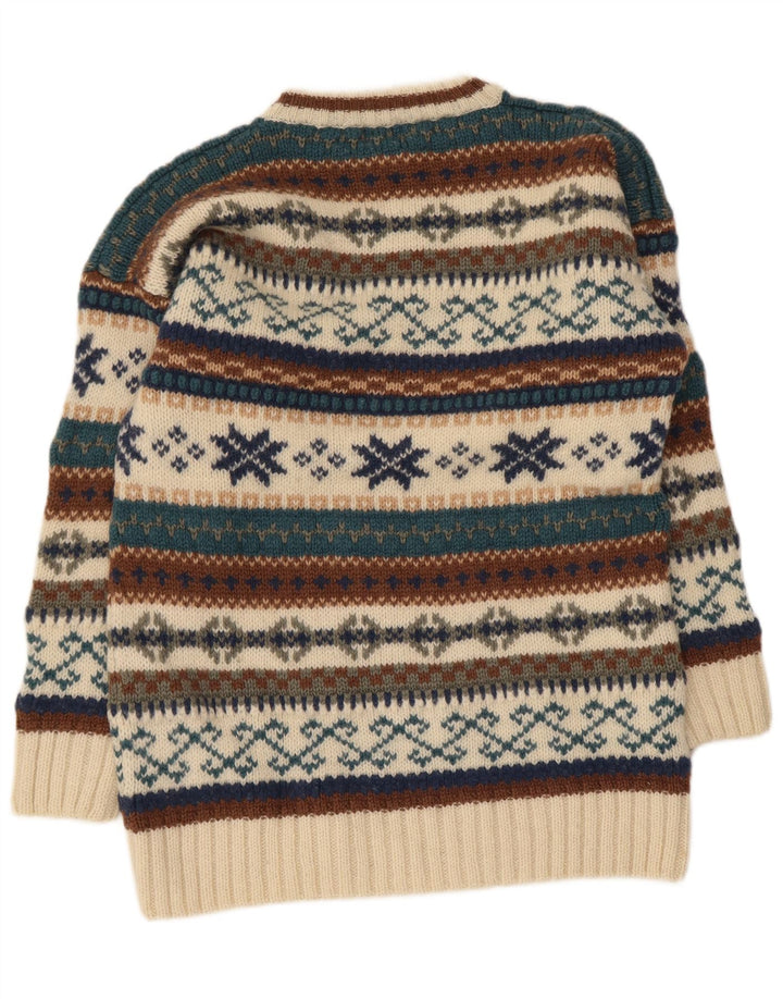 vintage Mens Crew Neck Jumper Pull Moyen Beige Fair Isle Laine